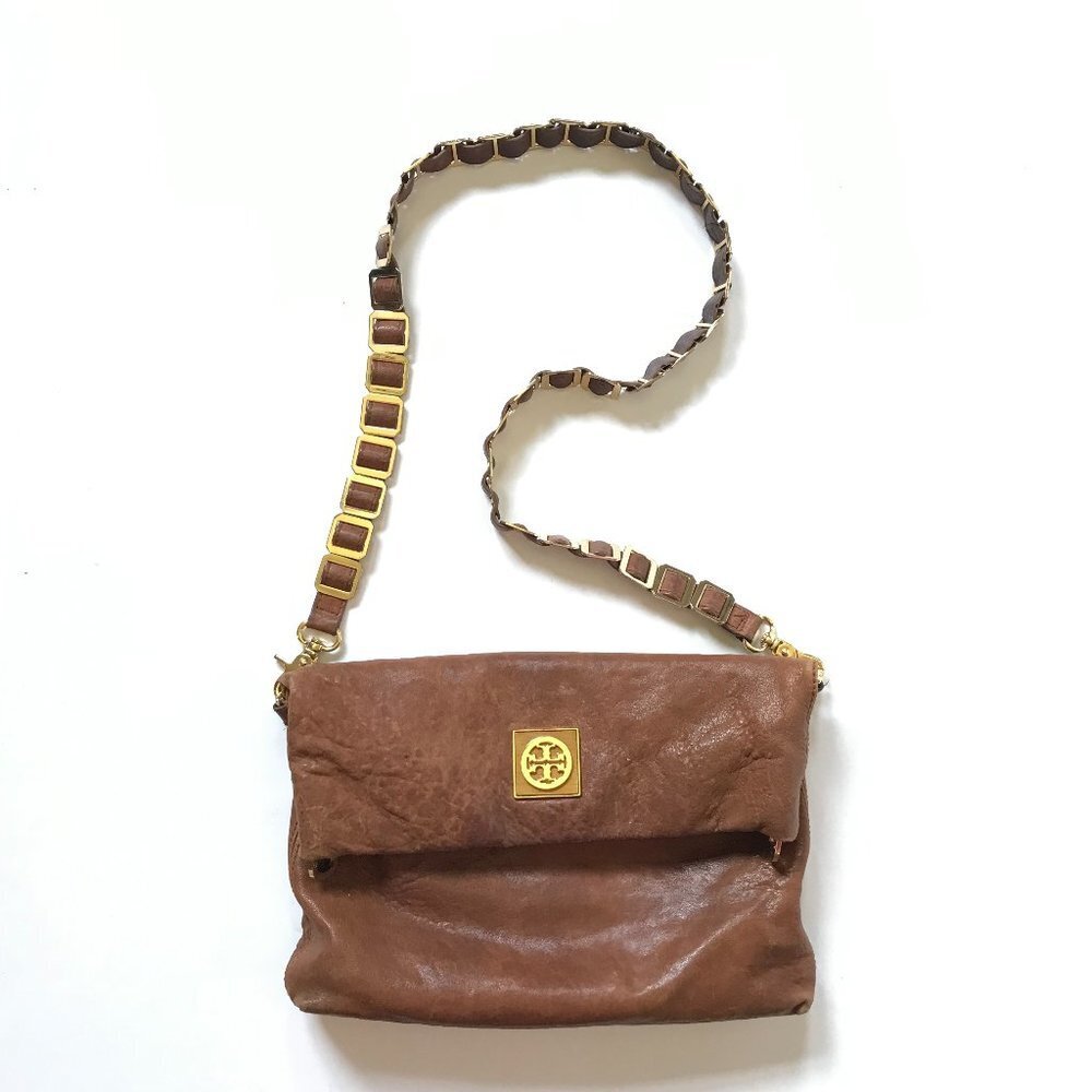 Tory Burch Louisa Leather Messenger Bag Crossbody Purse Womens Brown Leather